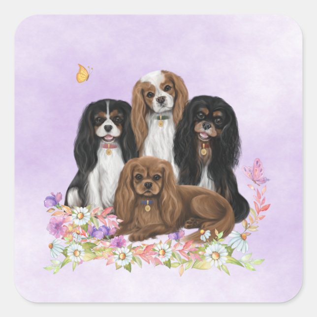 Sticker Carré Quatre Espagnols Cavalier Roi Charles en Fleurs (Devant)