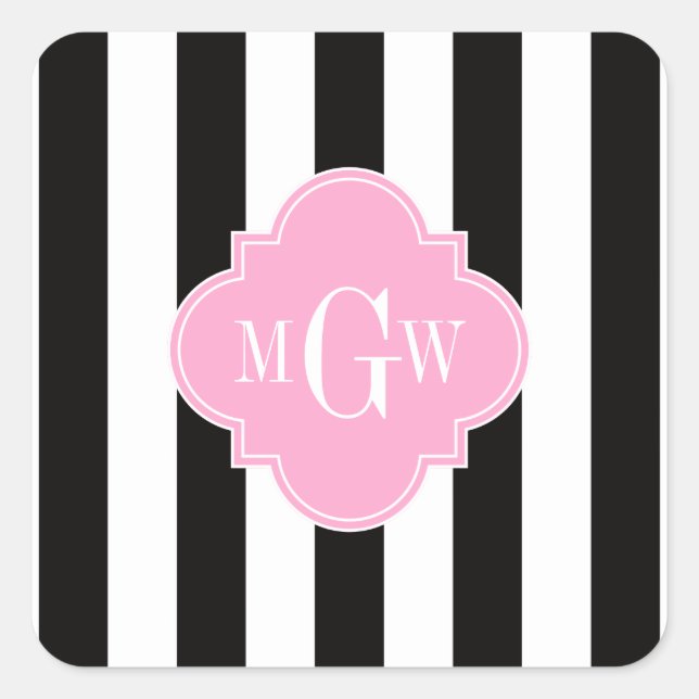 Sticker Carré Quatrefoil noir blanc rayé rose 3 Monogramme (Devant)