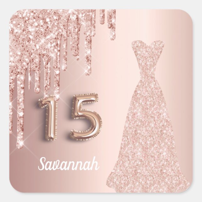 Sticker Carré Quinceanera 15e anniversaire rose or parties scint (Devant)