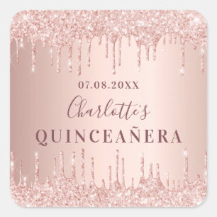 Sticker Carré Quinceanera anniversaire rose or parties scintilla