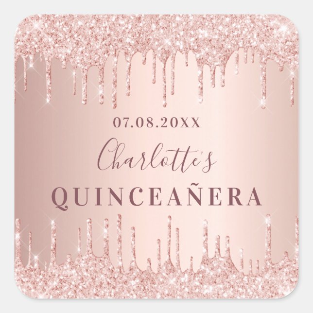 Sticker Carré Quinceanera anniversaire rose or parties scintilla (Devant)