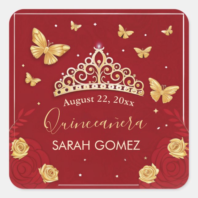 Sticker Carré Quinceanera d'or Rose rouge (Devant)
