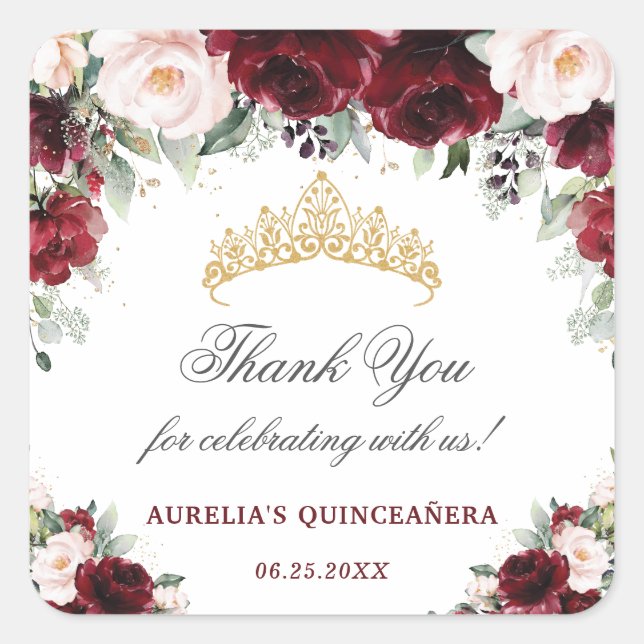 Sticker Carré Quinceanera Florale Rose de Bourgogne Favoriser le (Devant)