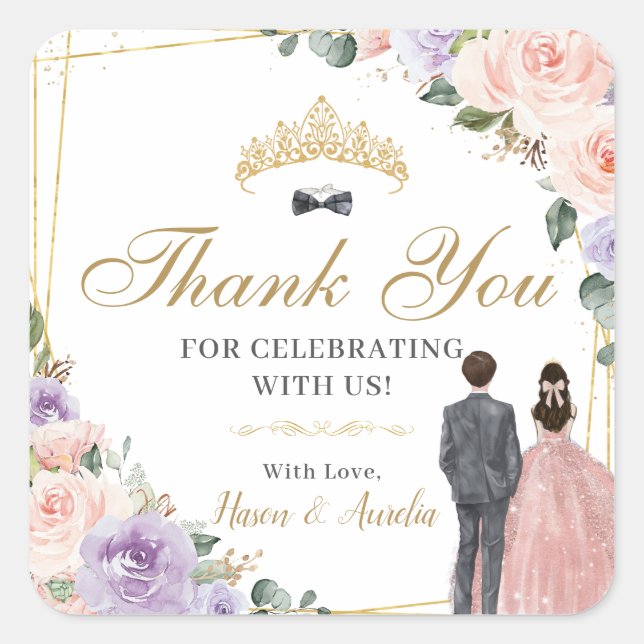 Sticker Carré Quinceañera Lilac Blush Floral Twins Garçon Girl (Devant)