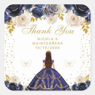 Sticker Carré Quinceañera princesse florale bleu marine