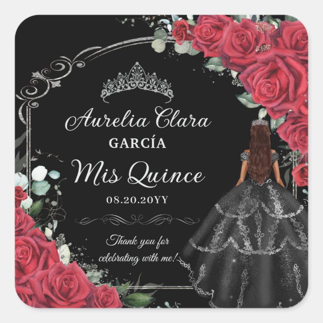 Sticker Carré Quinceañera Roses rouges Roses florales Roses noir (Devant)
