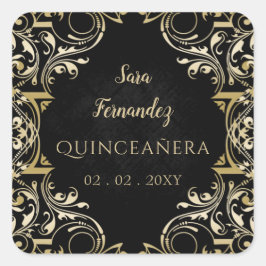 Sticker Carré Quinceanera rustique Noir Or Élégant