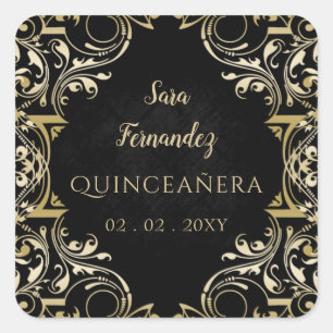 Sticker Carré Quinceanera rustique Noir Or Élégant