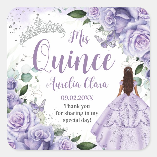 Sticker Carré Quinceañera Violet Rose Floral Silver Princesse (Devant)