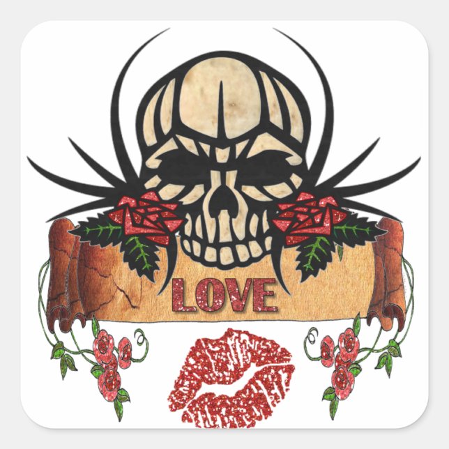 Sticker Carré RAB Rockabilly Crâne Roses Love Lipstick (Devant)