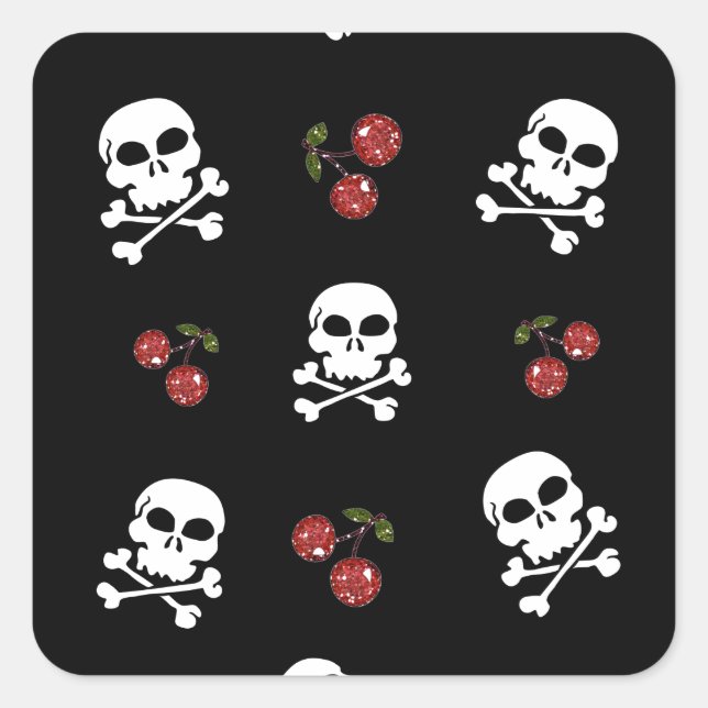 Sticker Carré RAB Rockabilly Skuls et Cerises sur Noir (Devant)