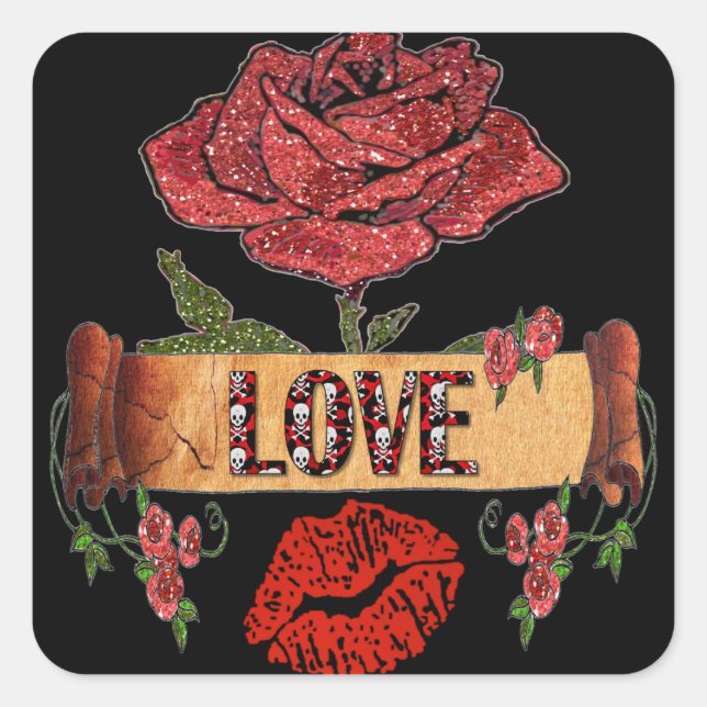 Sticker Carré RAB Rockabilly Valentine Roses, Love & Lipstick (Devant)