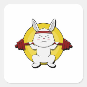 Sticker Carré Rabbit à Bodybuilding avec Barbell