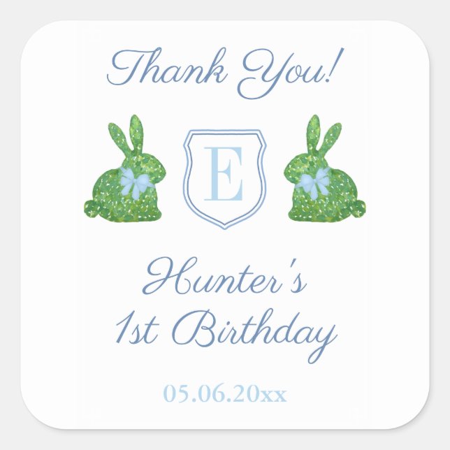 Sticker Carré Rabbit Blue Monogramme bébé garçon 1er anniversair (Devant)