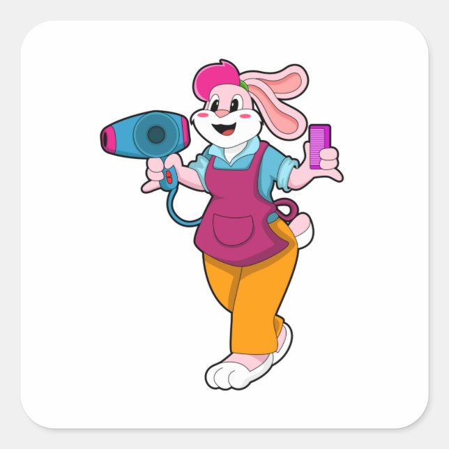 Sticker Carré Rabbit en coiffeur avec sèche-cheveux & peigne (Devant)