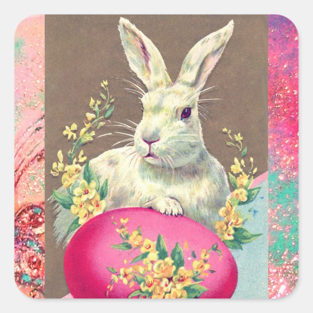 STICKER CARRÉ RABIT BLANC AVEC OEUF DE PÂQUES ET FLEURS DE PRINT (Devant)