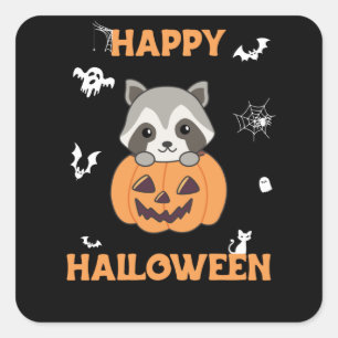 Sticker Carré Raccin En Citrouille Sweet Raccoon Halloween heure