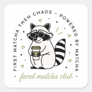 Sticker Carré Raccoon avec club matcha drôle kawaii esthétique