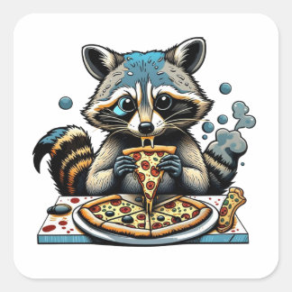Sticker Carré Raccoon mange Pizza