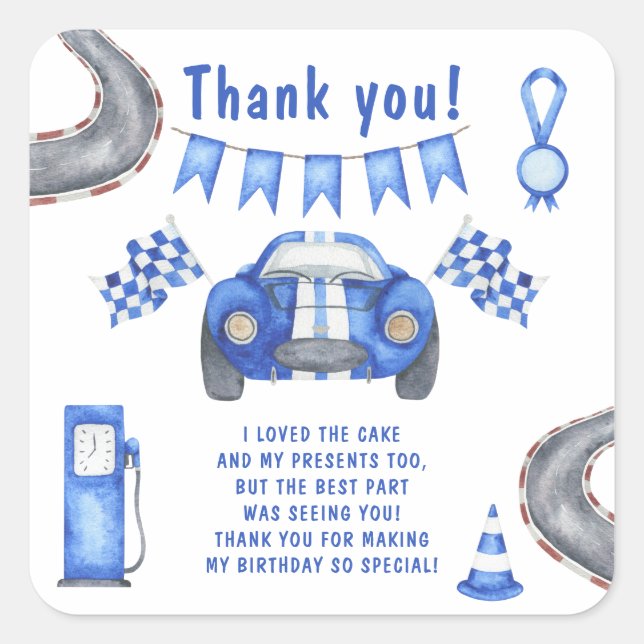 Sticker Carré Race Car Premier anniversaire Merci de fête (Devant)