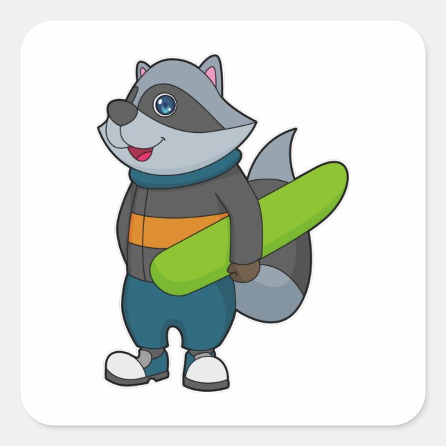 Sticker Carré Racoon as Snowboarder avec snowboard (Devant)