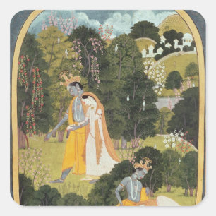 Sticker Carré Radha et Krishna marchant dans un verger