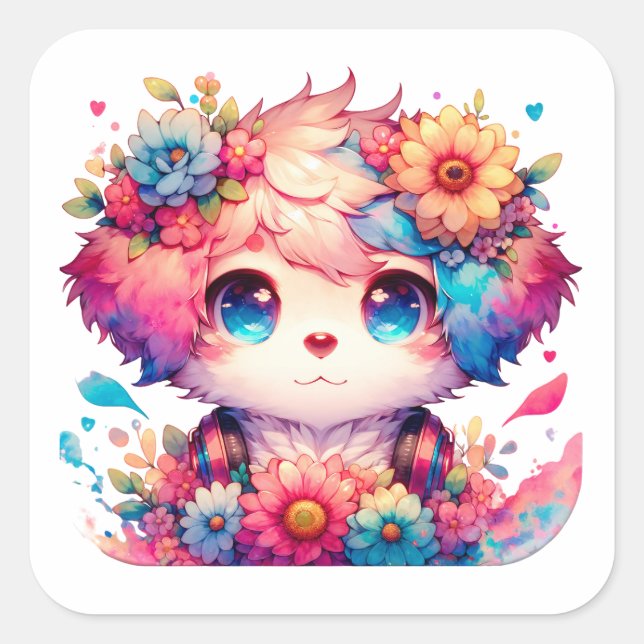 Sticker Carré Rainbow Anime Chiot Anniversaire Gâteau (Devant)