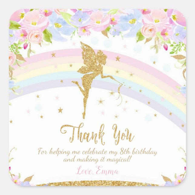 Sticker Carré Rainbow Fairy Anniversaire Fête Merci Favoriser (Devant)