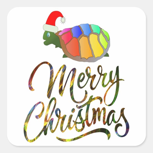 Sticker Carré Rainbow Funny Turtle portant le Noël Noël Noël Noë (Devant)