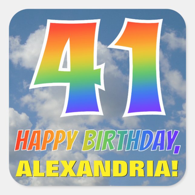 Sticker Carré Rainbow Look "41" & "HAPPY BANTHDAY", Nuages, Sky (Devant)