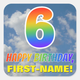 Sticker Carré Rainbow Look "6" & "HEUREUX ANNIVERSAIRE", Nuages,