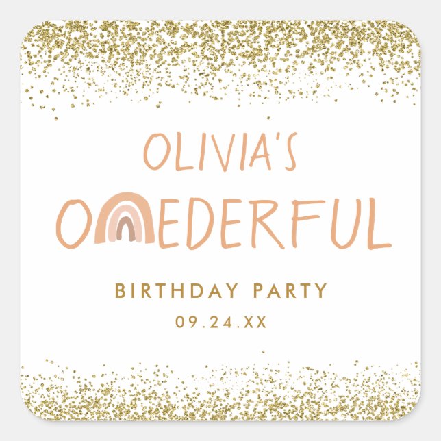Sticker Carré Rainbow Onederful Girl 1er anniversaire fête (Devant)