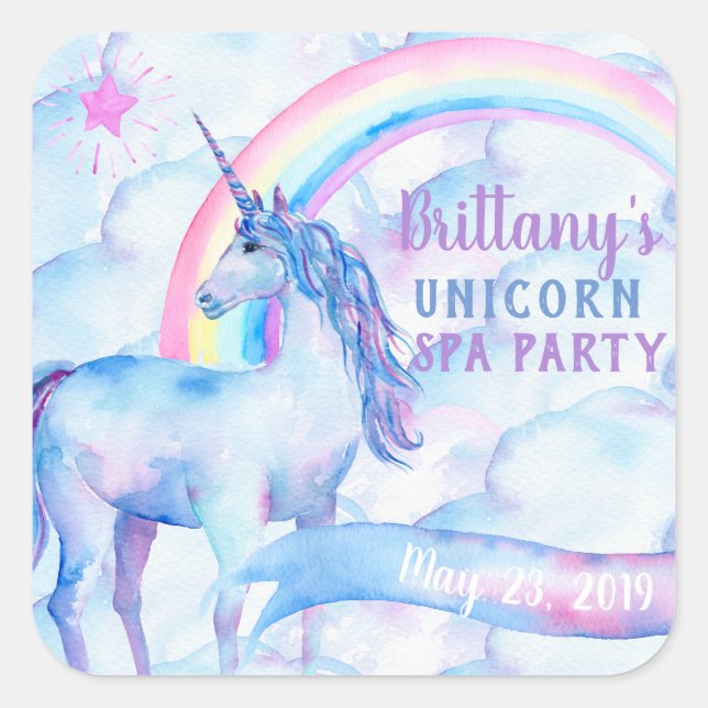 Sticker Carré Rainbow Unicorn Spa fête d'anniversaire (Devant)