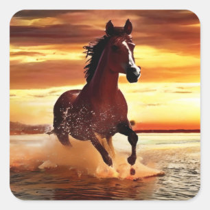 Sticker Carré Randonnée À Cheval Sauvage À Travers Le Surf