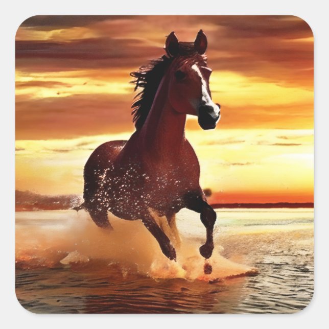 Sticker Carré Randonnée À Cheval Sauvage À Travers Le Surf (Devant)