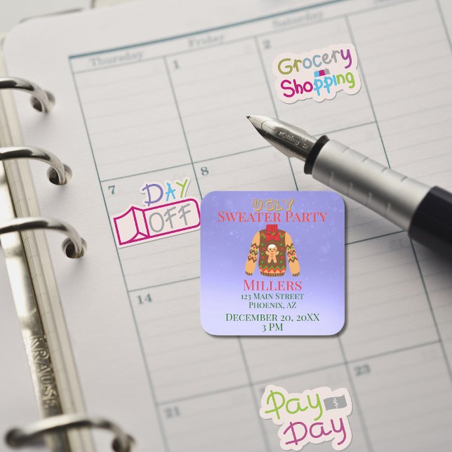 Sticker Carré Rappel de la fête du pull moche (Ugly Sticker Party Reminder)