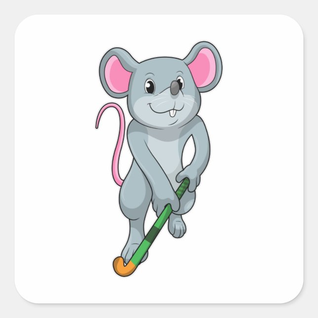 Sticker Carré Rat au hockey avec chauve-souris de hockey (Devant)