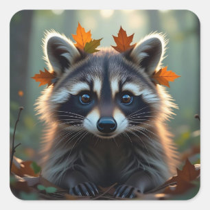 Sticker Carré Raton laveur mignon dans des feuilles d'automne