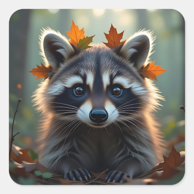 Sticker Carré Raton laveur mignon dans les feuilles d'automne (Devant)
