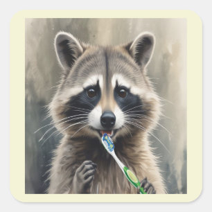 Sticker Carré Raton laveur mignon se brossant les dents, dentist