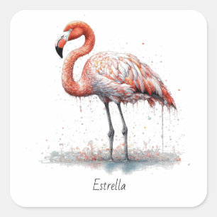Sticker Carré Rayonnement de Flamant rose : Aquarelle, personnal