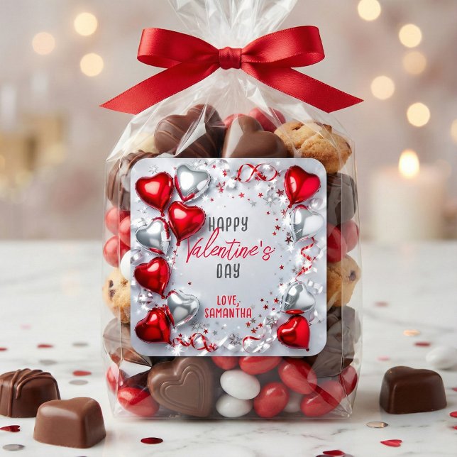 Sticker Carré Red and Silver Heart Balloons Valentine's Day (Créateur téléchargé)