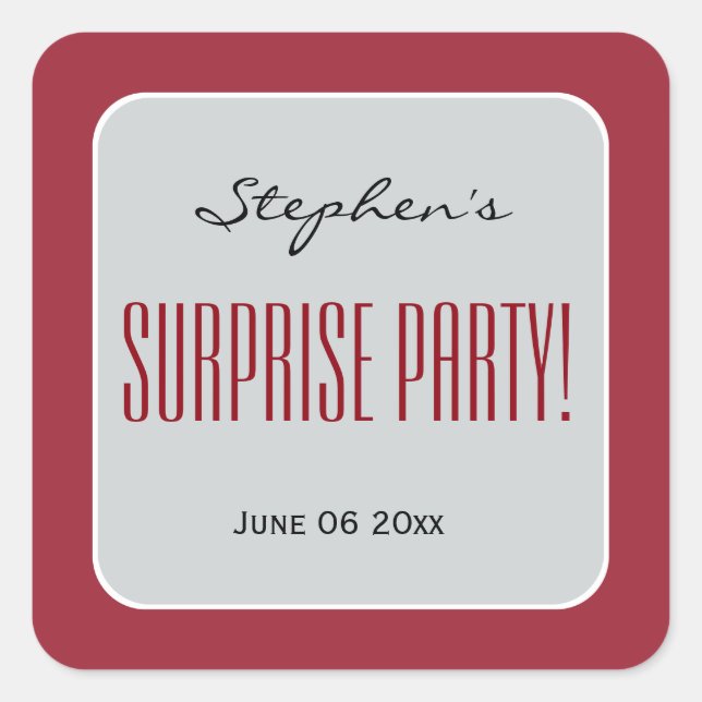 Sticker Carré RED and SILVER Surprise Anniversaire Party Ajouter (Devant)