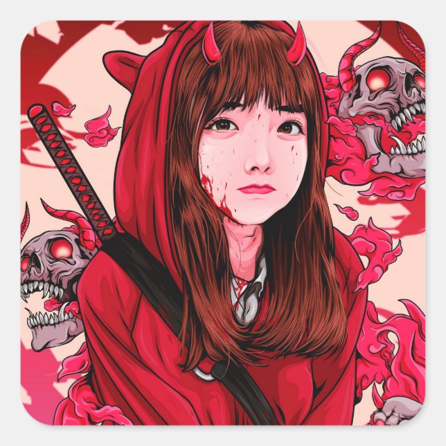 Sticker Carré Red Anime Demon Slayer Girl (Devant)