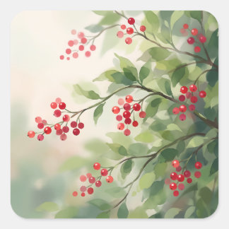 Sticker Carré Red Berries and Green Leaves Branch