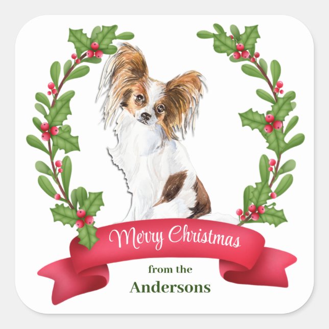 Sticker Carré Red Berry Holly Banner Papillon Chien Noël (Devant)