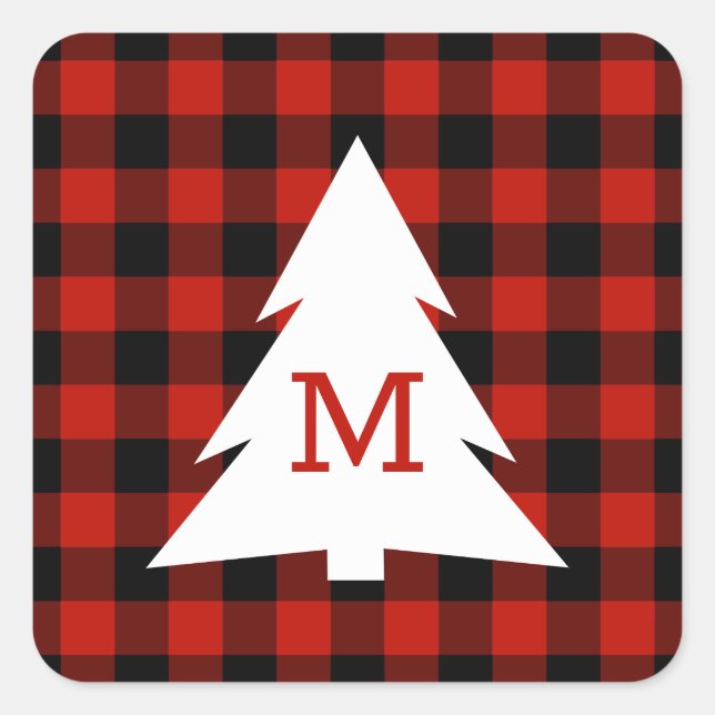 Sticker Carré Red Black Buffalo Check Monogramme Noël (Devant)