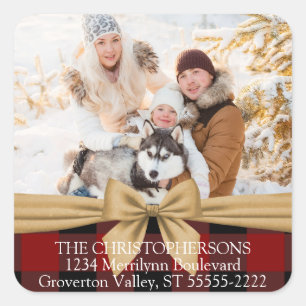 Sticker Carré Red Buffalo Check & Bow Photo Return Adresse