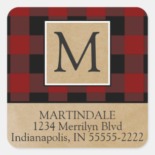 Sticker Carré Red Buffalo Check Monogram Adresse de retour