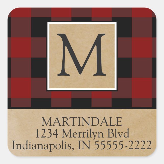 Sticker Carré Red Buffalo Check Monogram Adresse de retour (Devant)